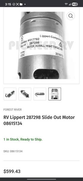 Lippert Components 287298 Lipper Slide Motor And Cable Part # Volts 12dc