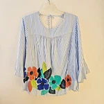 Crown & Ivy Top 3X Blue White Striped Floral Print Boho Bell Sleeve Tie Back. Fixed Price $17.99.
